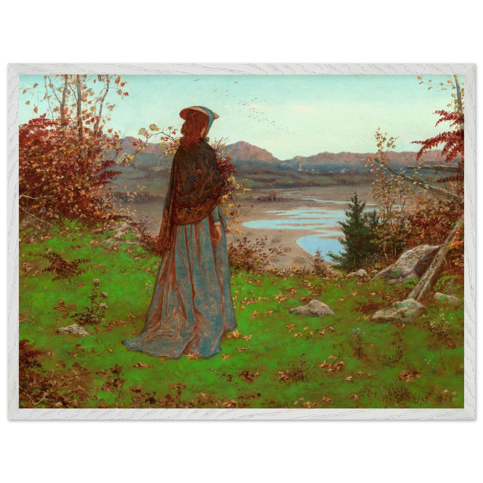 Woman in an Autumn Landscape – William J. Hennessy Irish Art Print White frame in a bright, minimalist bedroom crisp bedding, soft Scandinavian elements, fresh morning light, airy and refined feminine atmosphere