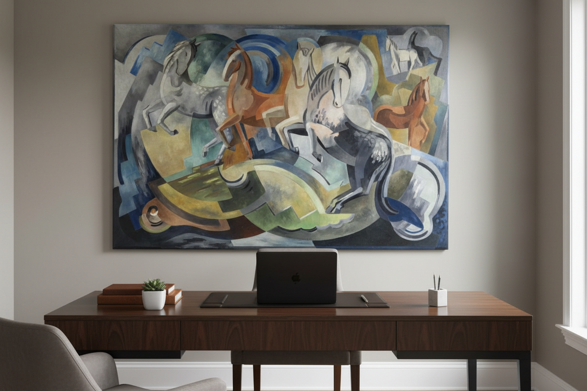 Achill Horses by Mainie Jellett large canvas print hanging behind a dark wood desk in a home study