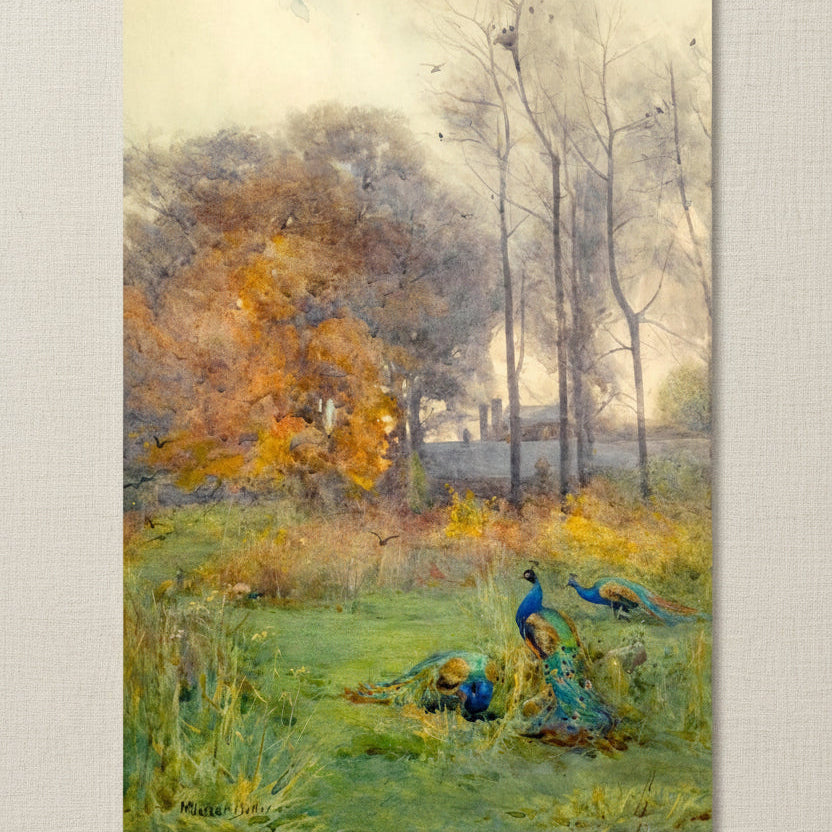 Autumn Days (1928) by Mildred Anne Butler, Irish art print featuring peacocks in an autumn landscape line background