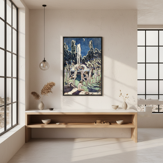 Figures Dancing Round a Fountain by Mainie Jellett - framed print in a room setting