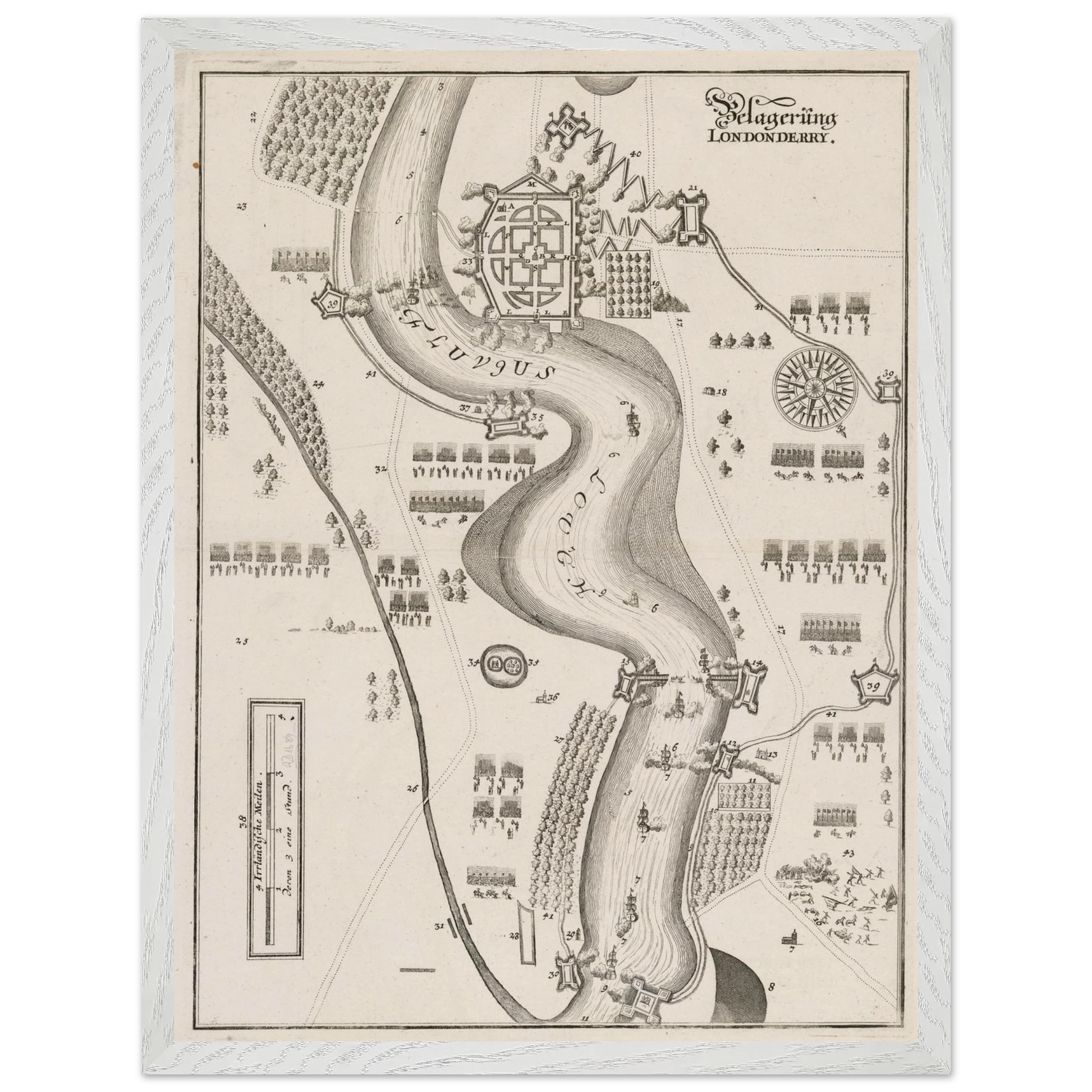 The Siege of Derry 1689 map print shown in a white frame as Irish history wall art