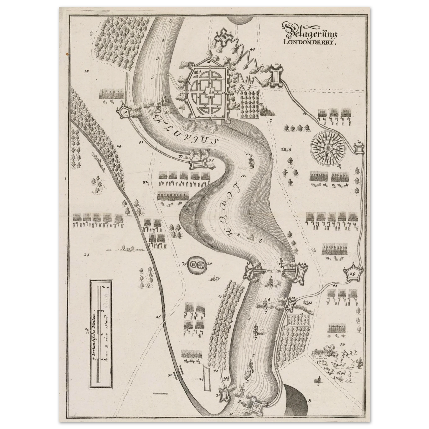 Antique 17th-century aerial engraving of the Siege of Derry in 1689, showing the walled city of Londonderry on the River Foyle