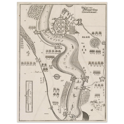 Antique 17th-century aerial engraving of the Siege of Derry in 1689, showing the walled city of Londonderry on the River Foyle