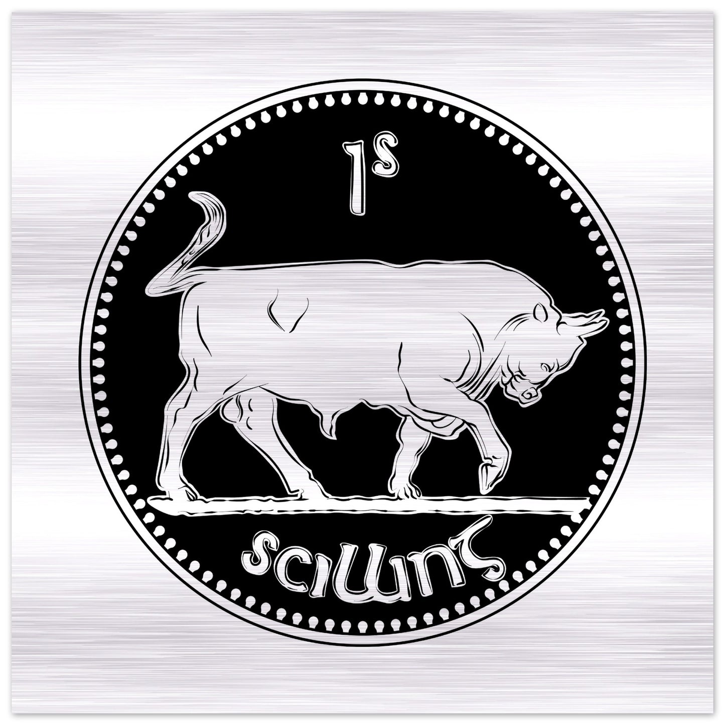 Old Irish Money Shilling Coin Bull gebürsteter Aluminiumdruck