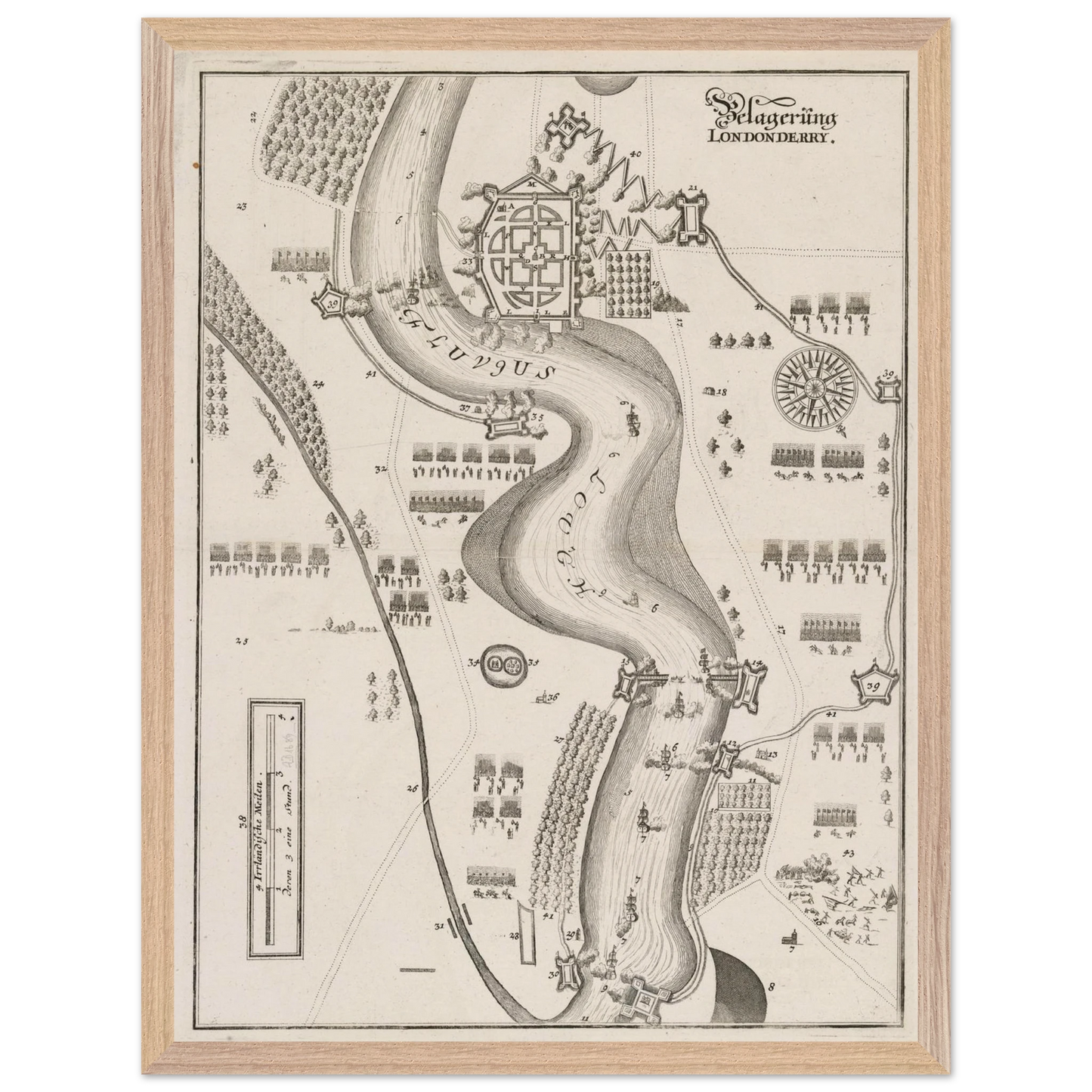 The Siege of Derry 1689 engraving shown in a natural wood frame