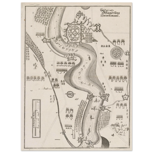 The Siege of Derry 1689 map print showing the star-shaped city fortifications and besieging army camps in engraved detail