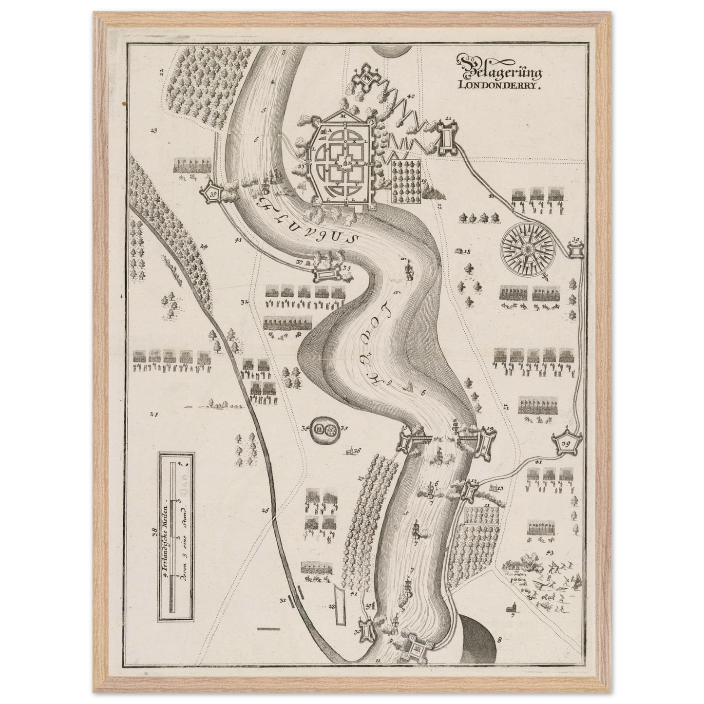 The Siege of Derry 1689 print in a light natural wood frame