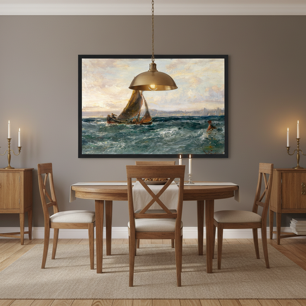Edwin Hayes Dublin Bay large framed maritime print on dining room wall Irish art