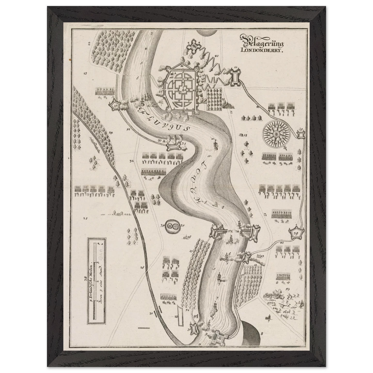The Siege of Derry 1689 print displayed in a black wooden frame