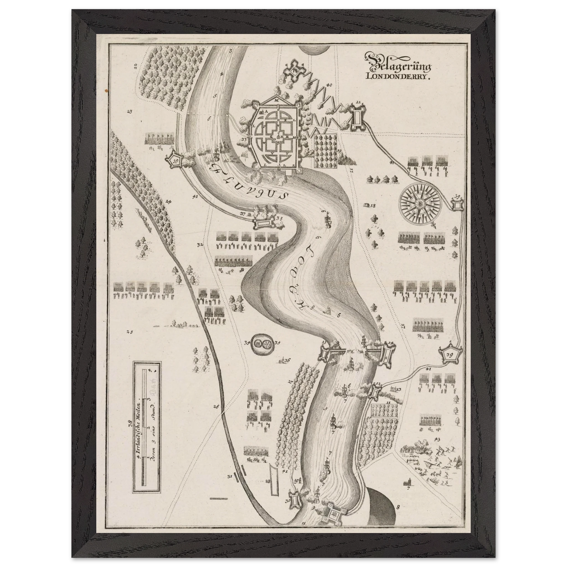 The Siege of Derry 1689 print displayed in a black wooden frame