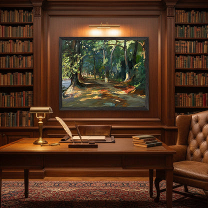 The Path by the River, Maidenhead by Sir John Lavery — framed Irish art print in traditional private study with leather chair