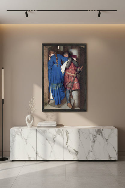 Pre-Raphaelite painting of Hellelil and Hildebrand embracing on stone stairs, tragic medieval romance by Frederic William Burton