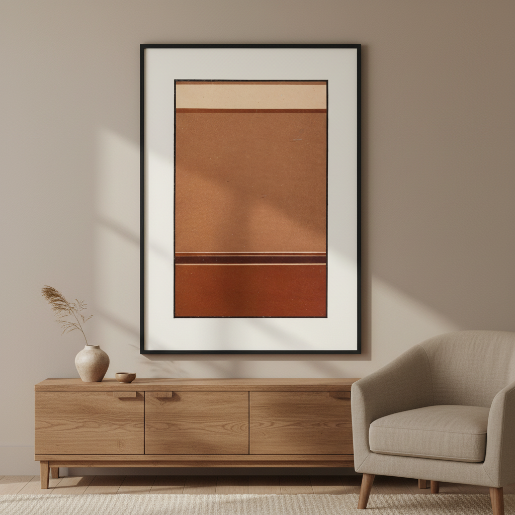 Gradated Tones of Broken Red by James Ward in terracotta and broken red tones, with the print occupying 80 percent of the image, displayed in a refined Irish home interior