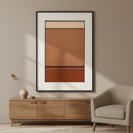 Gradated Tones of Broken Red by James Ward in terracotta and broken red tones, with the print occupying 80 percent of the image, displayed in a refined Irish home interior
