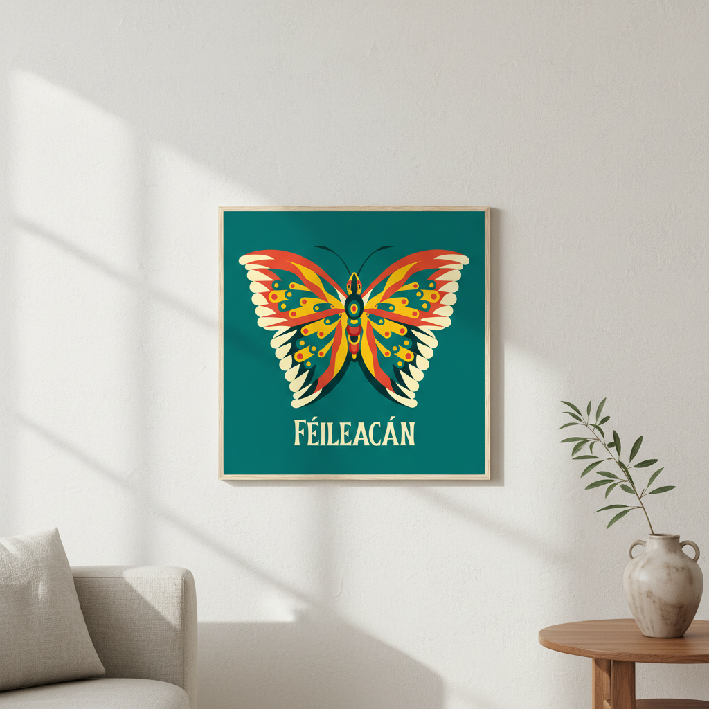 Féileacán Butterfly Irish language art print displayed in a bright Irish home interior