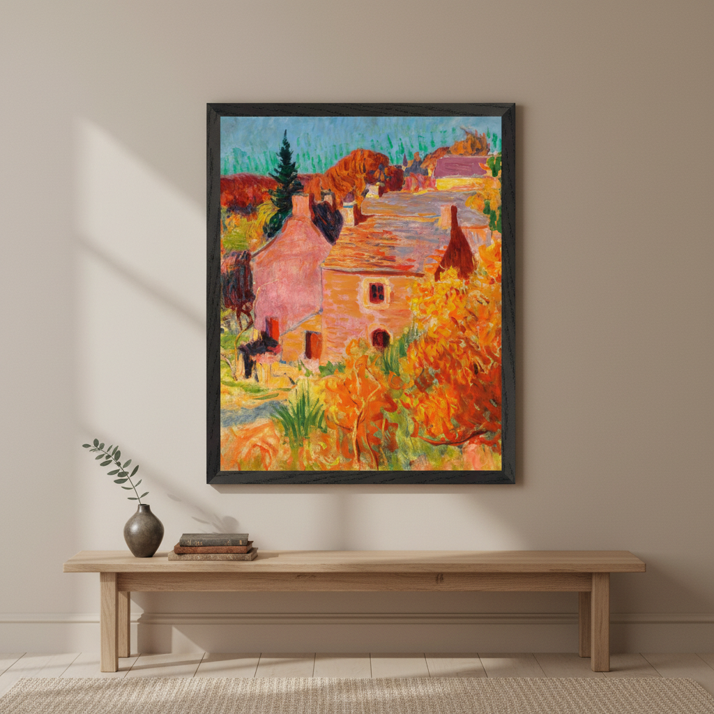 Square full-bleed framed hero mockup of Maisons Rouges à Pont-Aven by Roderic O'Conor, no white border or added text
