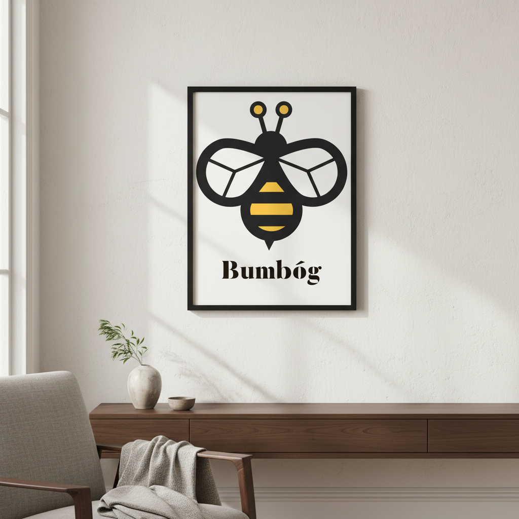 Bumbóg Bumblebee Irish art print displayed in a bright Irish home interior