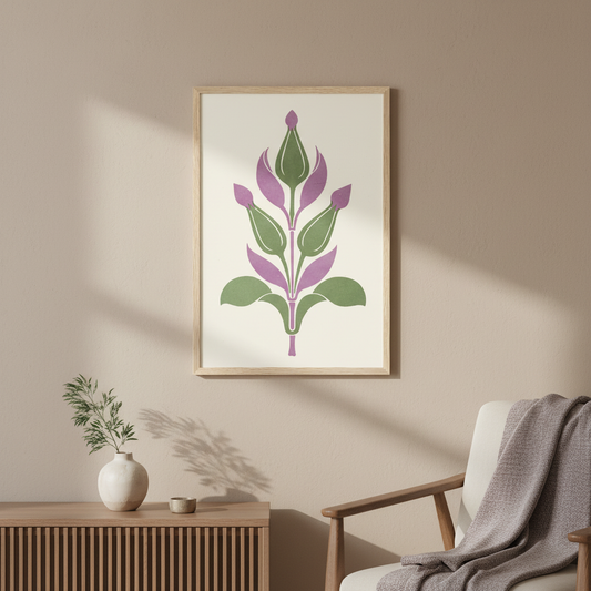 Agreeable Contrast by James Ward in plum-violet and sage-green, with the print occupying 80 percent of the image, displayed in a refined Irish home interior