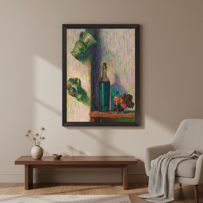 Square full-bleed black-framed hero mockup of Flowers, Bottle and Two Jugs by Roderic O'Conor, no white border or added text