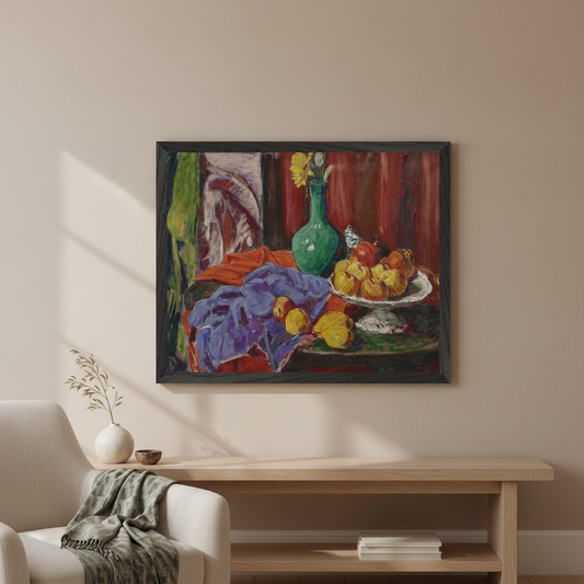Square full-bleed framed hero mockup of Still Life of Fruit and Green Vase (1919) by Roderic O'Conor, no white border or added text