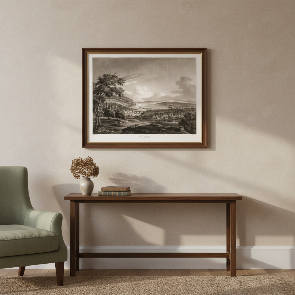 City of Cork 1799 aquatint by Thomas Sautelle Roberts displayed in a refined Irish home interior