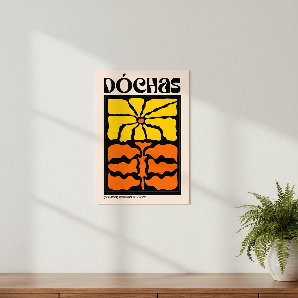 Dóchas (Hope) Irish language art print displayed in a bright Irish home interior