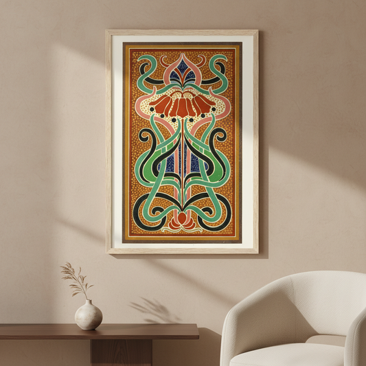 Peacock's Plumage Analysis by James Ward, with the print occupying 80 percent of the image, displayed in a refined Irish home interior