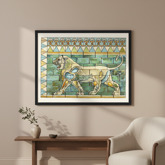 Lions Frieze, Palace of Susa by James Ward in rich gold and blue tones, with the print occupying 80 percent of the image, displayed in a refined Irish home interior