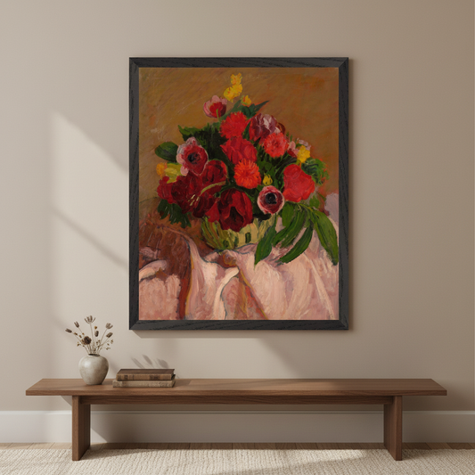 Square full-bleed framed hero mockup of Mixed Flowers on Pink Cloth by Roderic O'Conor, no white border or added text