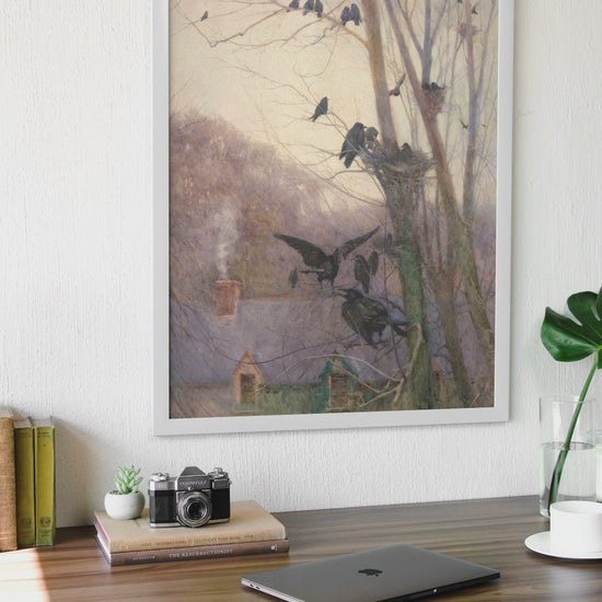 video of a white framed Irish art print hanging on a wall in an office Shades of Evening by Irish Artist Mildred Anne Butler Art Print