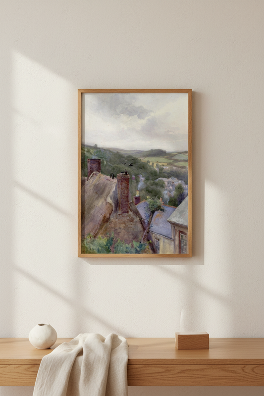 Rooftops, Thomastown, Kilkenny by Mildred Anne Butler framed print in a calm modern interior