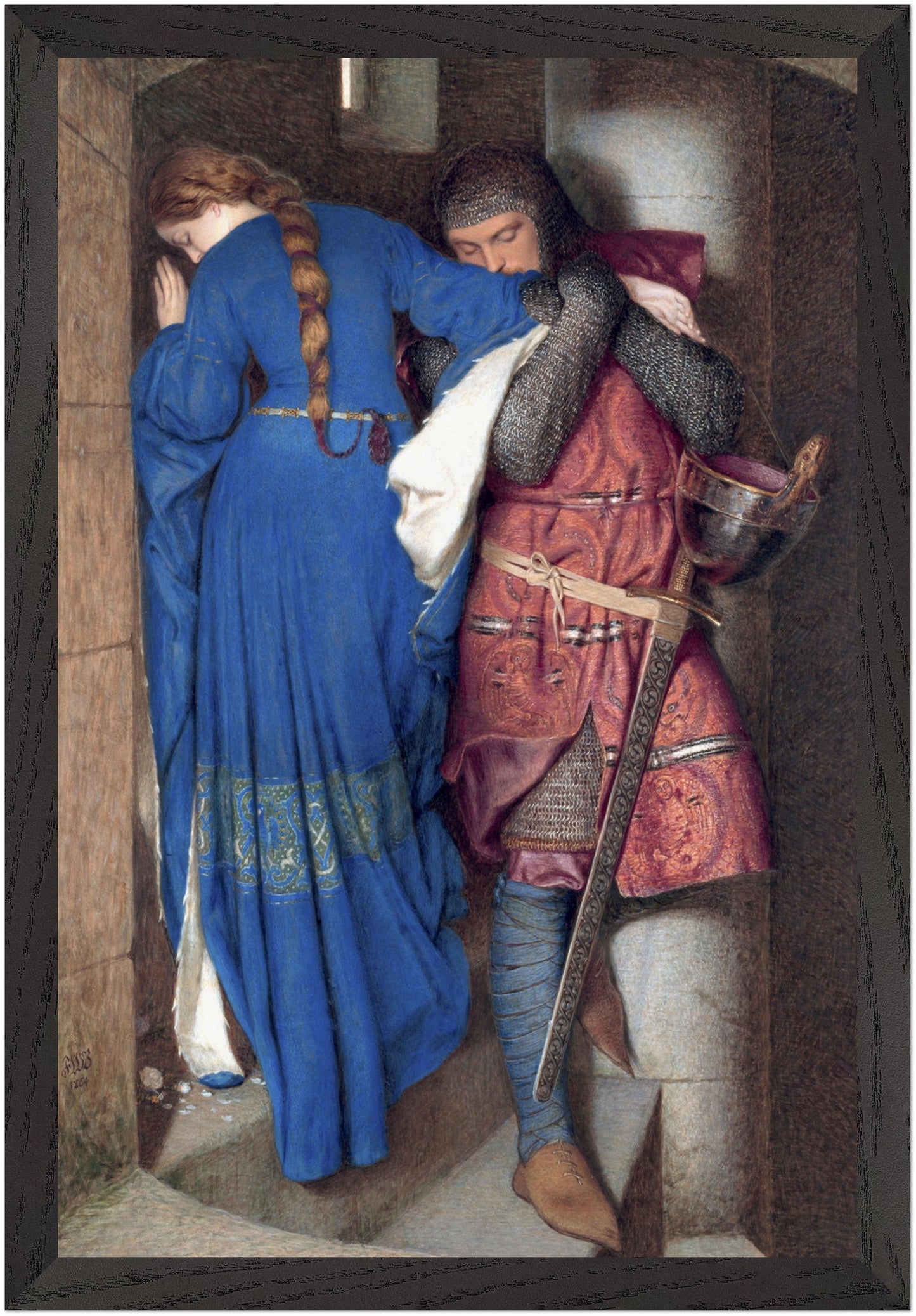 The Meeting on the Turret Stairs by Frederic William Burton in a black gallery frame, 30x45 cm Irish art print