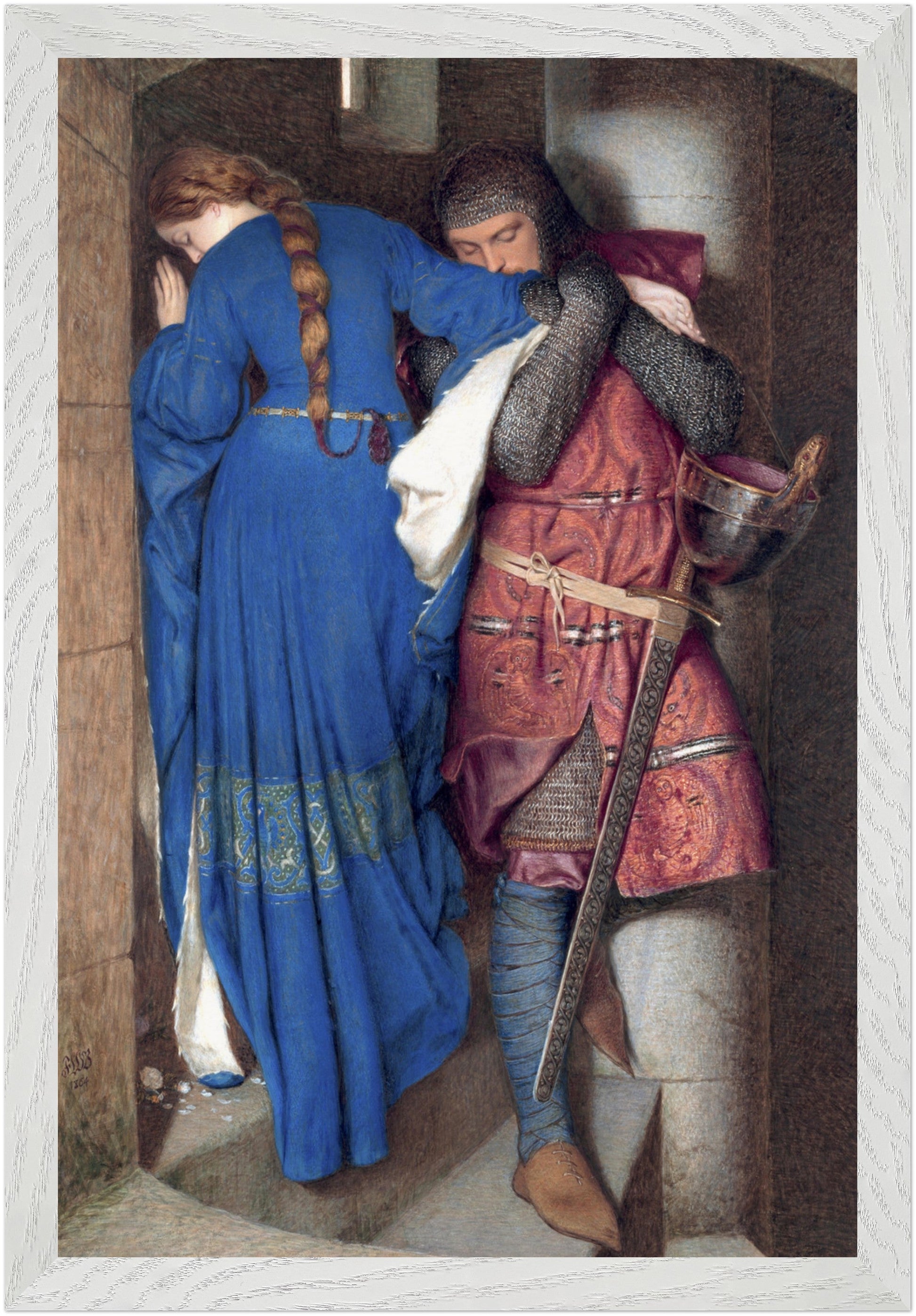 The Meeting on the Turret Stairs by Frederic William Burton in a white gallery frame, 30x45 cm Irish art print