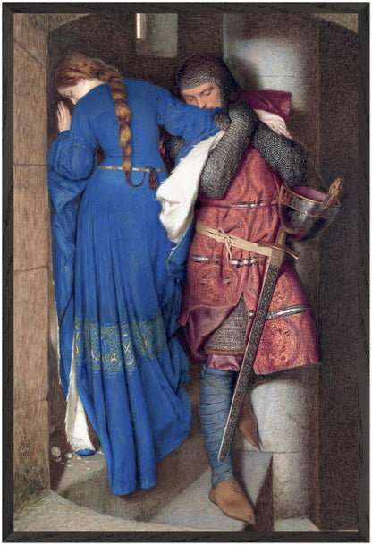 The Meeting on the Turret Stairs by Frederic William Burton in a black gallery frame, 60x90 cm large format Irish art print