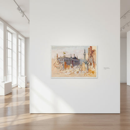 he Ruins of O’Connell Street, 1916 by Edmond Delrenne, Framed print in a clean white frame, hung in an art gallery interior with soft diffused window light, polished wooden floors, and white plinths nearby. Minimal wall text referencing “Edmond Delrenne, The Ruins of O’Connell Street, 1916”.