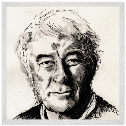 Seamus Heaney portrait The Squat Pen by Irish artist Ó Maoláin, large framed print, white gallery frame